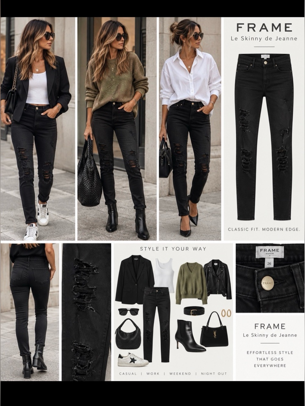Frame Denim Black Distressed Le Skinny de Jeanne Jeans